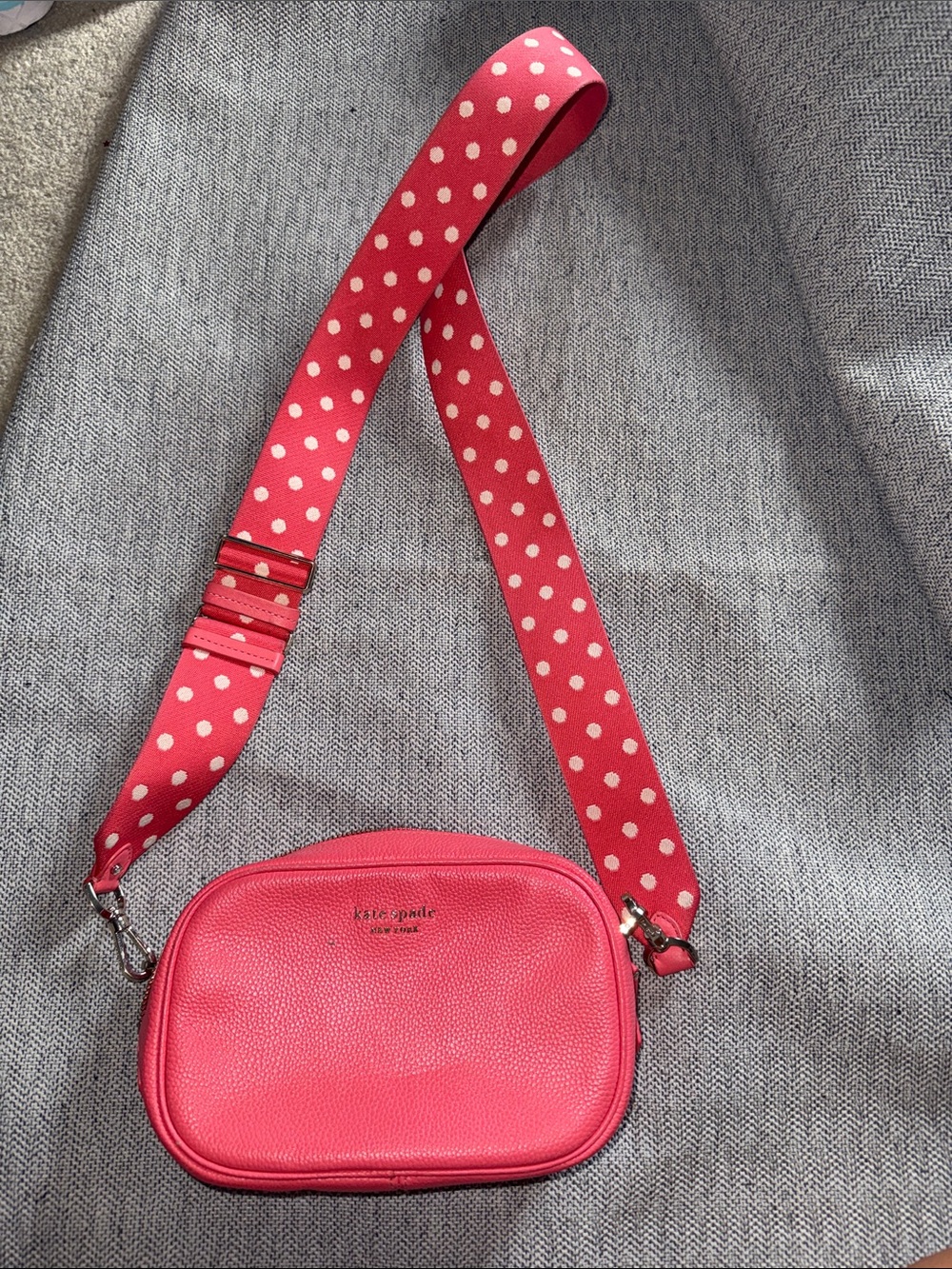 kate spade Pink Pebbled Leather Crossbody with Polka Dot Strap